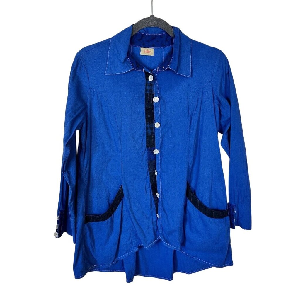 Tulip Blue Cotton Womens Tunic Button Up Lagenlook Top Front Pockets Medium